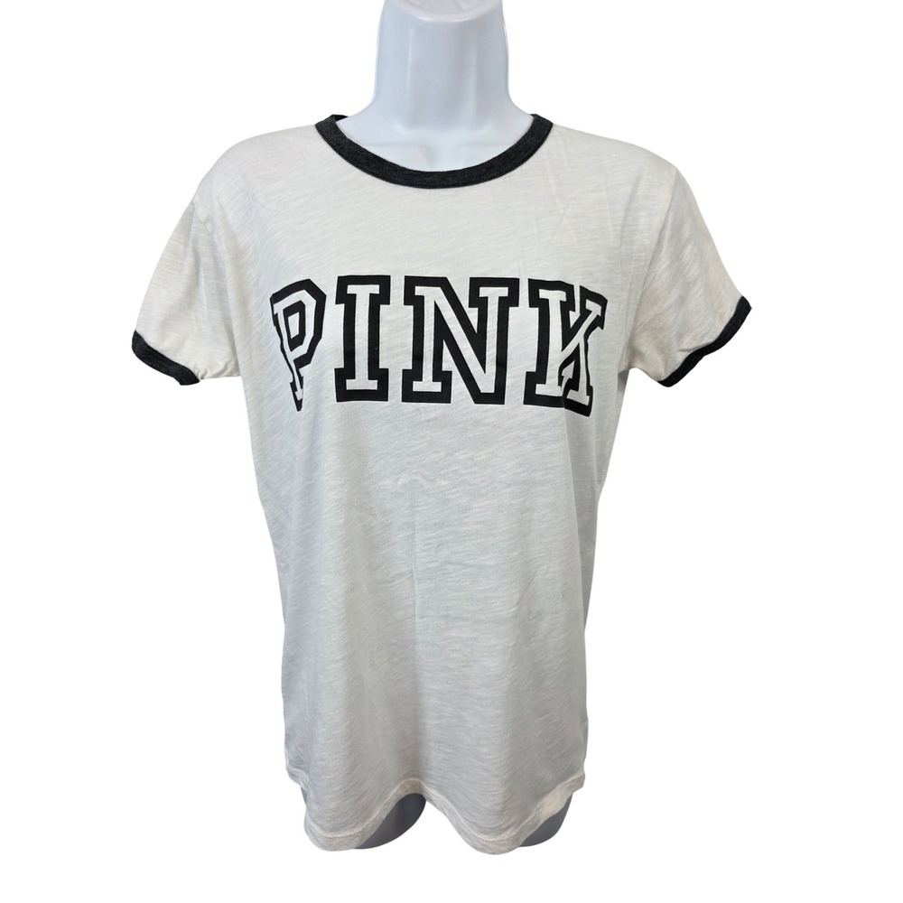PINK by Victoria's Secret Ringer Shirt White Gray Graphic Small Campus Tee